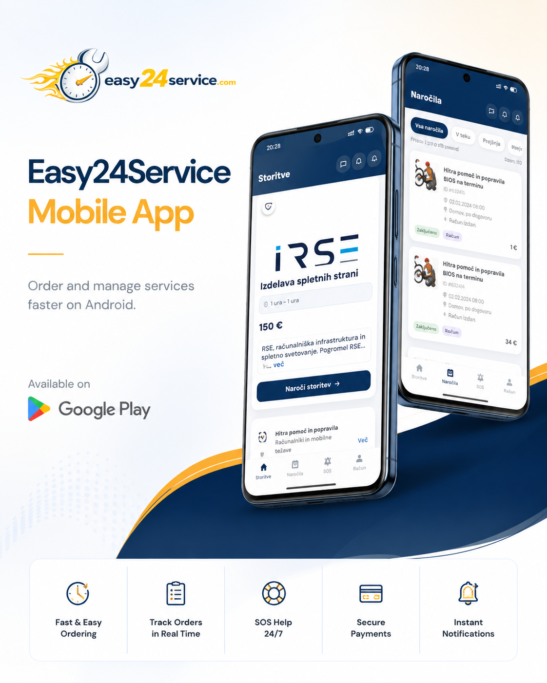 Easy24Service Android mobile app screens for services and order management on Google Play